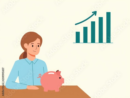 Smiling woman sitting at desk with pink piggy bank and rising financial growth bar chart girl