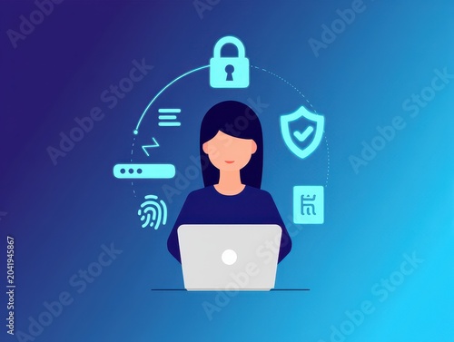 Woman using laptop for secure online banking with digital protection and biometric fingerprint scanning