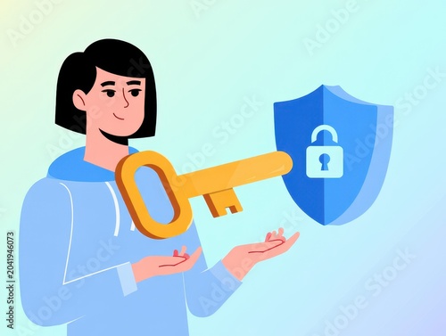 Young woman holding a large golden key next to a blue security shield for digital data protection concept