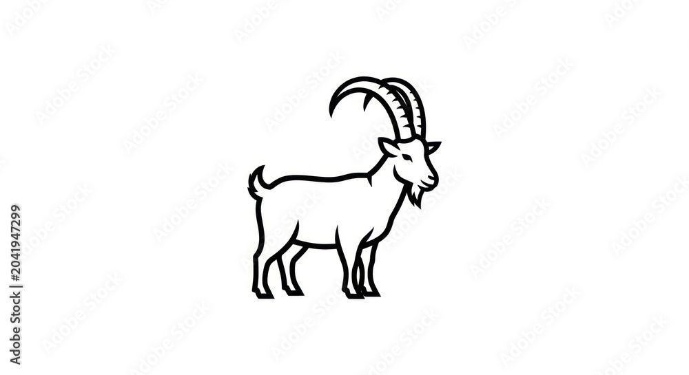 Fototapeta premium Black and white line drawing of a goat with horns