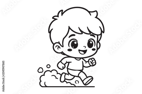 Cute cartoon boy running fast coloring page line art with coloring, preschool