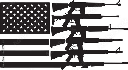 Photos Assault rifles arranged beside american flag
