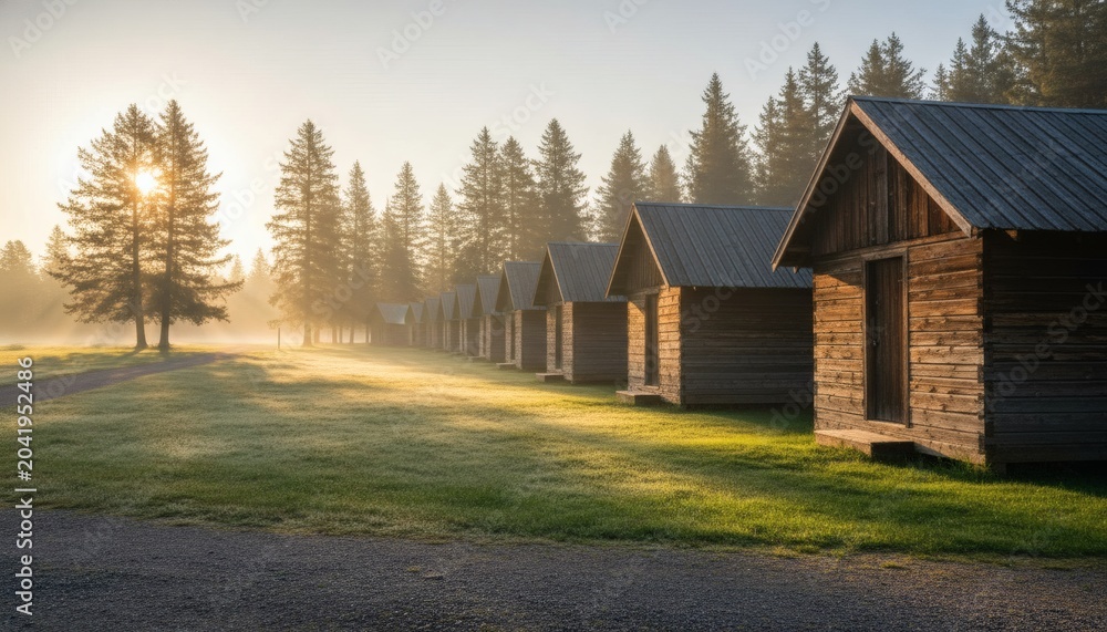 Obraz premium Sunrise over a row of cabins in a misty pine forest, capturing the peaceful morning atmosphere of a summer camp lodging concept for travel and outdoor recreation
