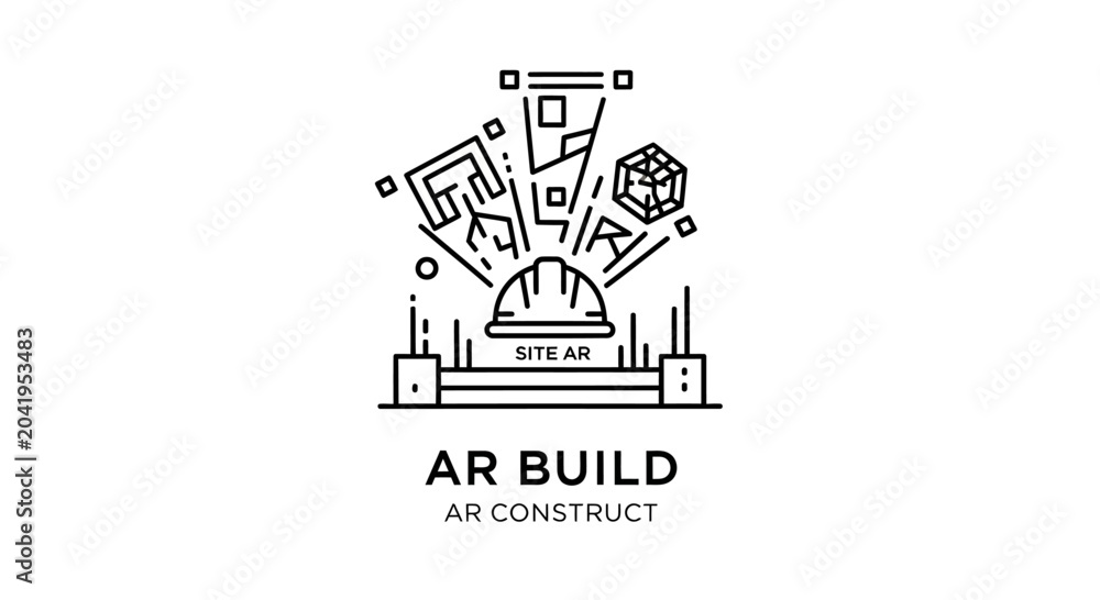 Fototapeta premium Augmented Reality Construction Site Icon with Hard Hat and Digital Blueprint Elements