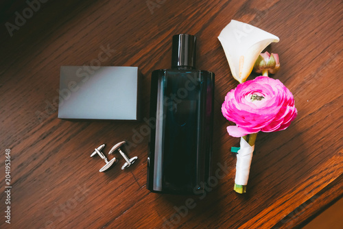 Groom Wedding Accessories with Perfume Cufflinks and Floral Boutonniere