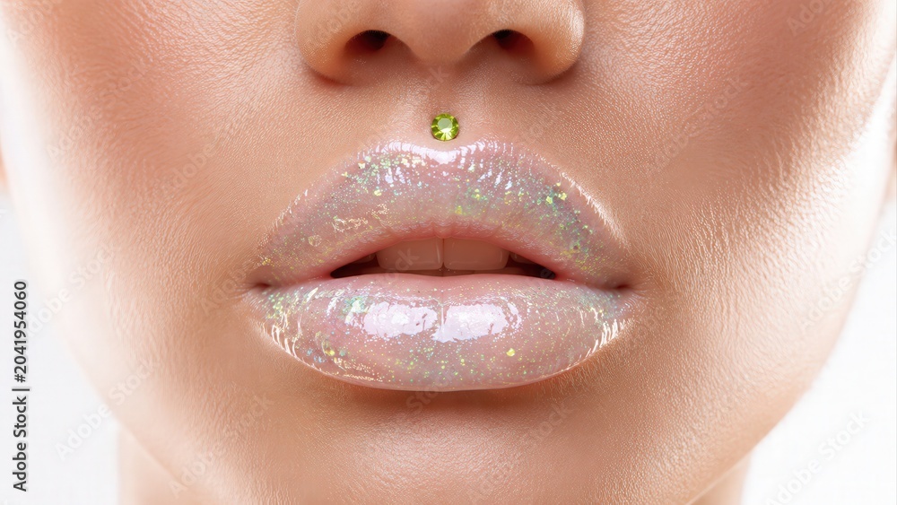 Obraz premium Glossy Glitter Lips With Green Piercing