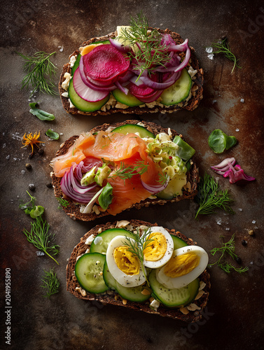 Traditional scandinavian smørrebrød open sandwiches with salmon, beet, and egg