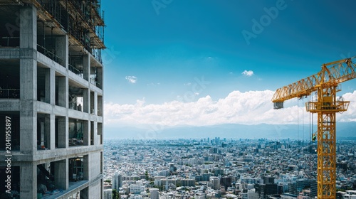 Tall concrete building under construction with yellow crane overlooking cityscape