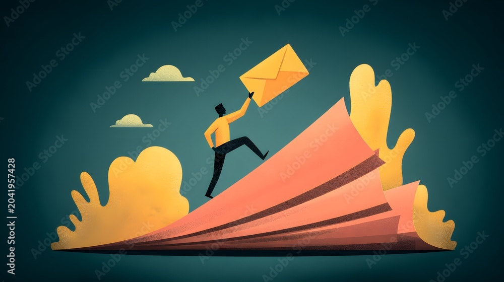 Fototapeta premium Surreal Business Communication Concept with Figure Climbing Paper Wave Holding Envelope Symbolizing Email Success
