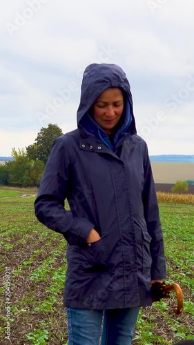 A woman walks her dog in a field after a thunderstorm. Girl with staffordshire terrier in nature on a cloudy day. The concept of freedom, happiness, friendship, nature. Vertical, vertical video.