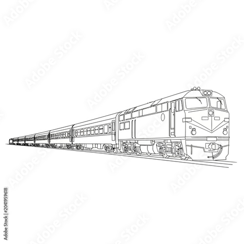 Outline illustration of a long passenger train with multiple carriages traveling along a track