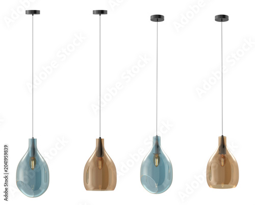 Quadro su tela Row of minimalist droplet shaped hanging lamps featuring translucent blue and amber tinted glass shades with exposed filament bulbs