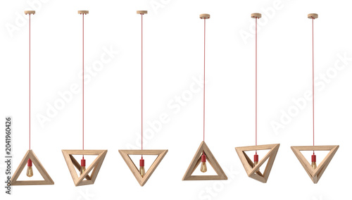 Valokuva Creative scandinavian style hanging ceiling fixtures featuring a hollow triangular pyramid oak wood frame with a vibrant red socket accent and retro edison bulb