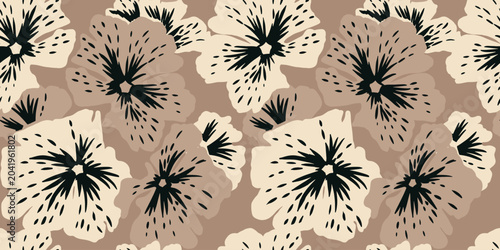 Seamless neutral floral pattern with stylized hibiscus flowers in beige, cream and brown tones. Modern botanical repeat ideal for textiles, wallpaper, packaging, branding and autumn designs