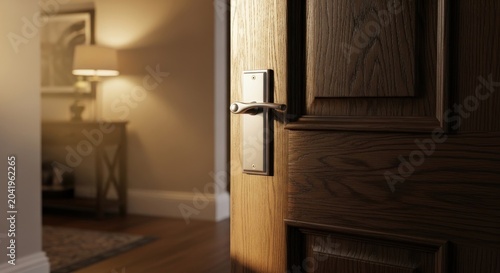Dark stained oak wood door featuring a brushed nickel smart lock handle, offering modern home security and elegant entry.