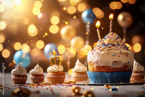Birthday cake with candle cupcake party balloon festive dessert frosting sprinkles celebration sweet treat birthday party warm light