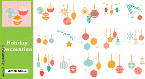 Retro pastel Christmas holiday decoration vector icon set featuring flat design hanging ornaments, stars, pine branches, bells, and festive baubles