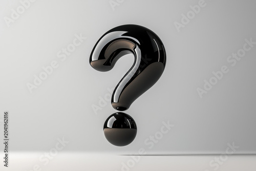 Black question mark glossy symbol floating icon reflective object 3d render studio background silver background abstract sign curiosity symbol uncertainty icon
