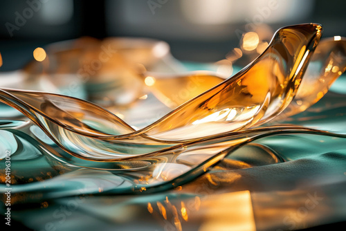 Translucent glass wave abstract wave amber glass teal surface flowing glass light reflection smooth curve transparent material layered shape glowing light