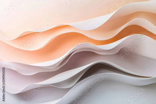 Light peach gradient background with smooth flowing wave layers in white and gray, abstract pastel paper texture