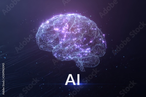 AI letters and Glowing neural brain. Bright digital web display. Advanced holographic network structures over circuits. Electronic circuitry. Luminous synapses and sparkling nodes. Dark background.