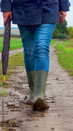 A woman walks her dog in a field after a thunderstorm. Girl with staffordshire terrier in nature on a cloudy day. The concept of freedom, happiness, friendship, nature. Vertical, vertical video.