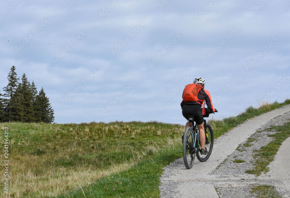 Fototapeta premium Cyclist on a mountain road in the Swiss Alps