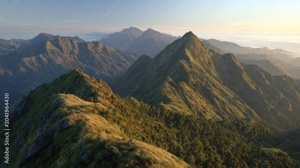 Fototapeta premium Majestic Mountain Range at Sunrise with Lush Green Hills and Rugged Peaks Under a Clear Sky