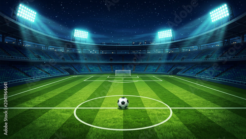 Foto Vector illustration of professional soccer stadium at night with football placed in center circle under bright floodlights and cheering crowd in background for sports