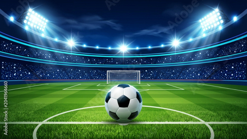 Fotografía Detailed vector art of professional football field at night with soccer ball in front of goal post and bright stadium lights shining on green grass for sports background