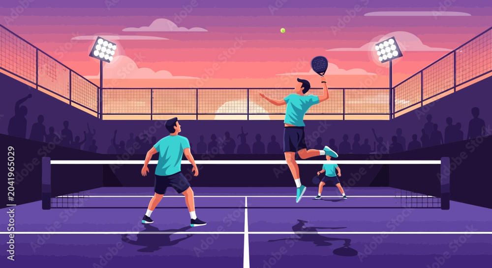 Obraz premium Padbol Game Illustrated Showing Player Action With Spectators and Court Under Lights