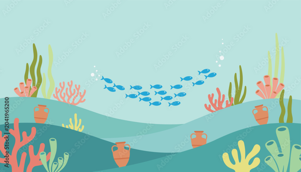 Obraz premium Colorful underwater illustration featuring a school of fish swimming through coral reefs with ancient amphorae jars on the seabed.