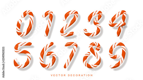 Set of numbers from 0 to 9 in Christmas candy cane style. Xmas candy numbers made from red and white color stripes. 3d vector decorative elements for card, cover, New Year design, ads, branding.