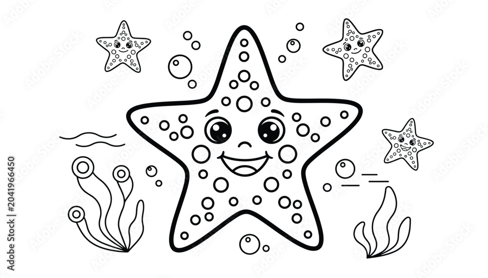 Obraz premium Delightful coloring page illustration of a big happy starfish surrounded by smaller friends and bubbles in the ocean.