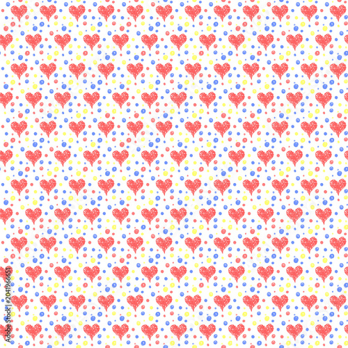Photos Patrón continuo con corazones rojos texturizados y lunares de colores sobre fond