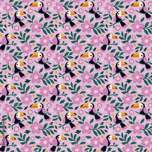 Cuadro en lienzo Patrón continuo sin costuras de tucanes ilustrados con flores y hojas tropicales