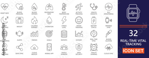 Fotografie Real time vital tracking line icon set featuring heart rate, ECG, oxygen ,monitoring,  patient , hospital, real, alerts, diagnostics, wearable ,  and medical glyphs