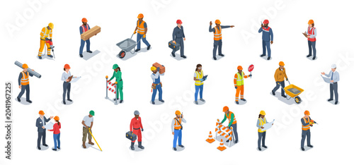 Fotografie Construction site workers doing builder jobs in safety gear | Isometric vector c