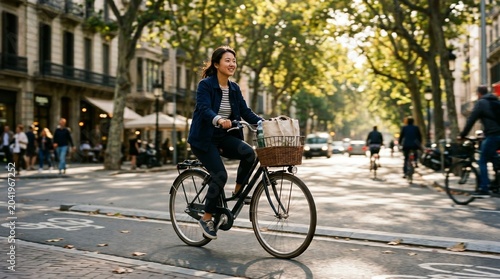 Asian woman riding a bicycle on the street going to work