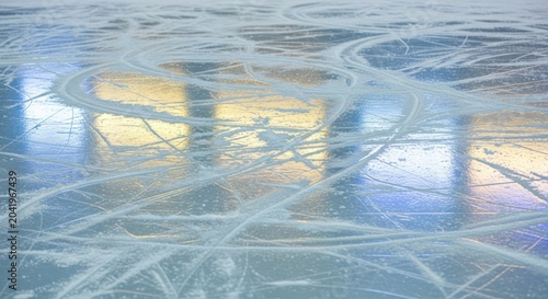 Scratched ice surface with blue and gold reflections.