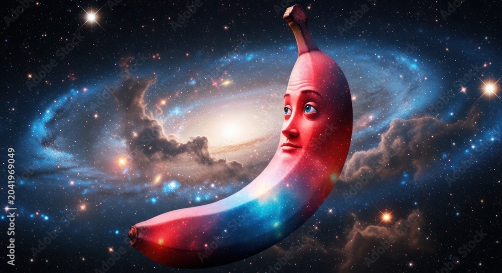 Obraz premium Surreal human face on a banana in outer space.