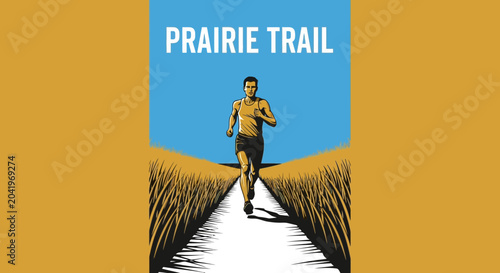 Prairie Trail Runner Sprinting Towards Horizon Under Blue Sky Perfect for Sport Promotion