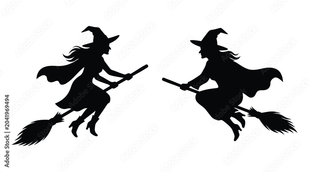 Fototapeta premium witches on broomsticks silhouette flying halloween magic