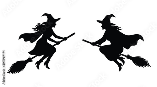 Tableau sur toile witches on broomsticks silhouette flying halloween magic