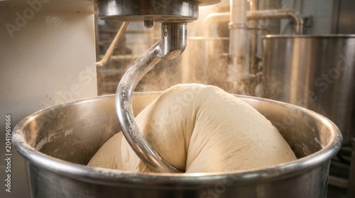 Large industrial mixer kneading fresh dough in a stainless steel bowl, with flour dust. Blurred bakery equipment in the background, illuminated by warm golden light.