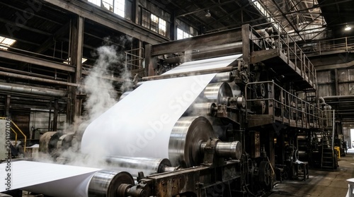 Industrial paper machine producing a continuous roll of white paper, with steam and metallic rollers. Grungy factory interior, heavy manufacturing.