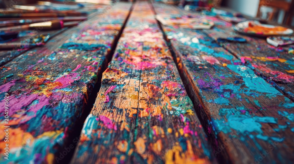 Fototapeta premium Close up of a wooden art table covered in colorful paint splatters
