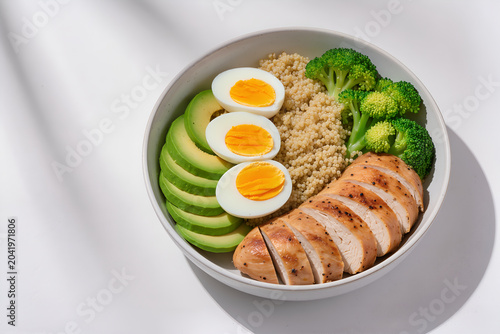 Healthy food bowl with grilled chicken breast, boiled eggs, avocado slices, quinoa, and steamed broccoli. Clean eating, keto diet, and high protein fitness meal prep concept.