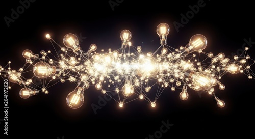 Luminous vintage light bulbs connected in glowing abstract network.