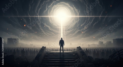 Lone silhouette faces a giant glowing portal in dark sky.